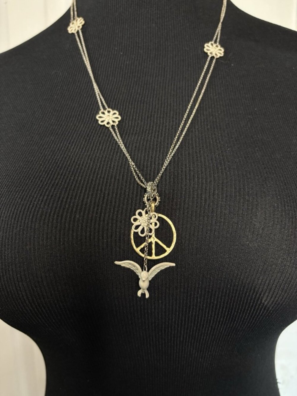 Lucky Brand Bird Flower Peace Long Charm Pendant Necklace Silver Tone Boho - Picture 2 of 5